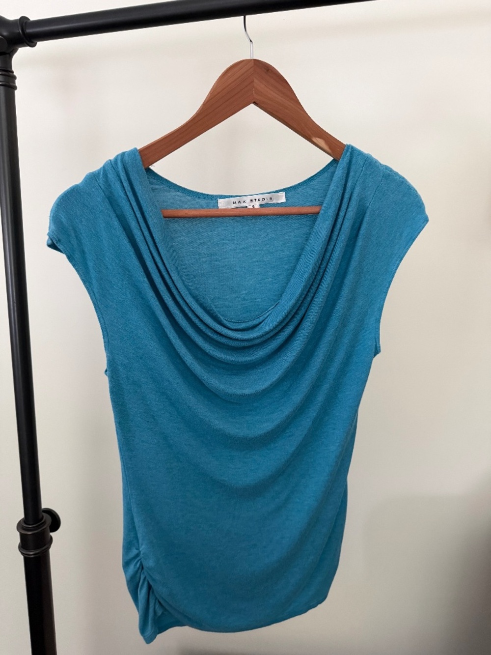 Max Studio Teal Blue Ruched Cowl Neck Sleeveless Top Size Small
